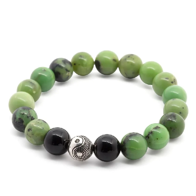 Women’s teardrop bracelet-Chrysoprase/Onyx Stretch Bracelet with 925 Sterling Silver Bead