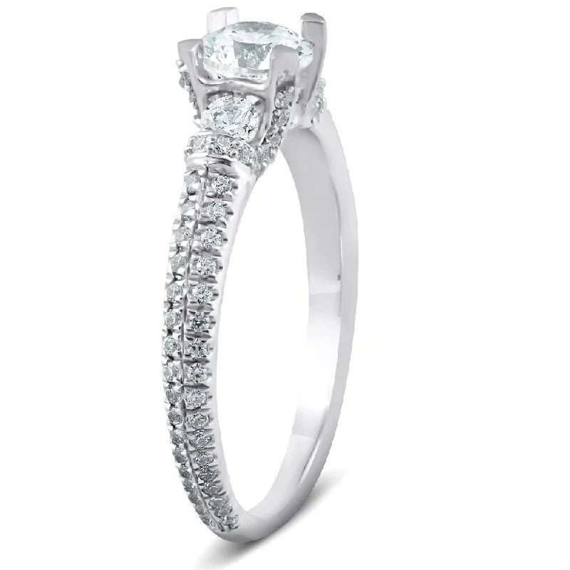 Women’s round cut engagement ring-1 Ct Diamond Three Stone Engagement Pave Ring 14k White Gold