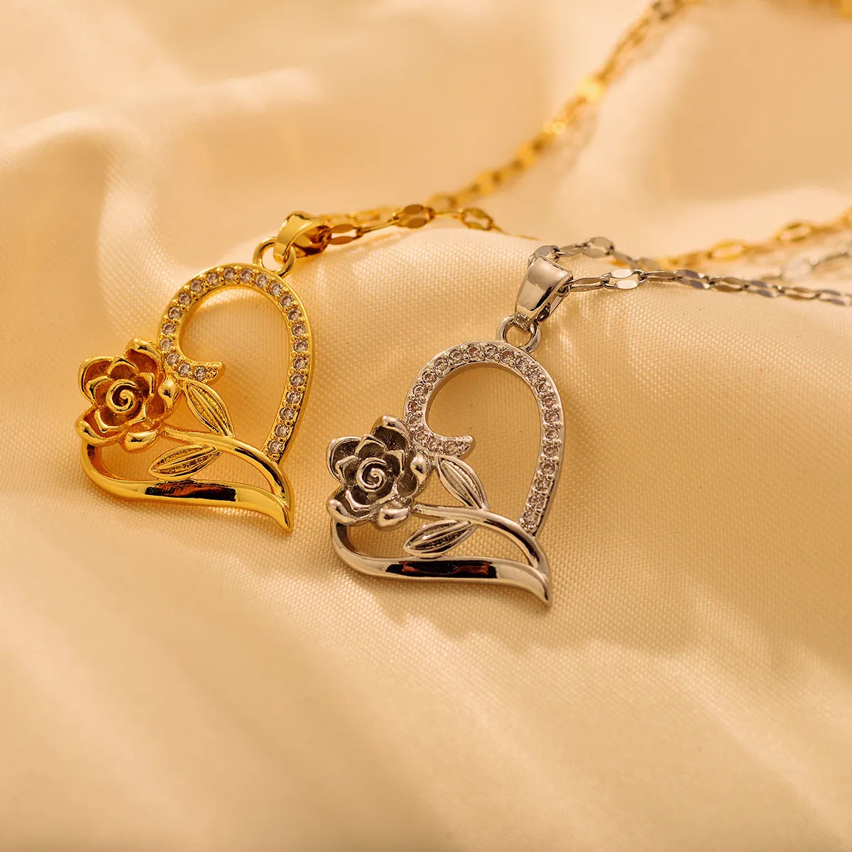 Women’s exclusive necklace design-Stainless Steel Sweet Heart Shape Flower Asymmetrical Inlay Zircon Pendant Necklace