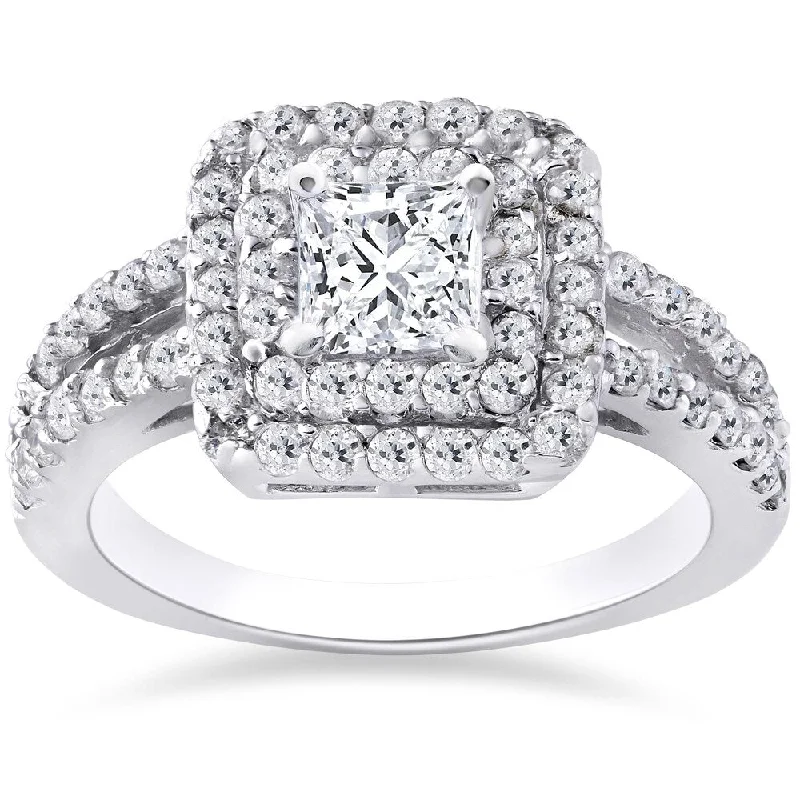 Women’s unique gemstone engagement ring-14k White Gold 1 1/5 ct TDW Pave Double Halo Princess Cut Engagement Ring