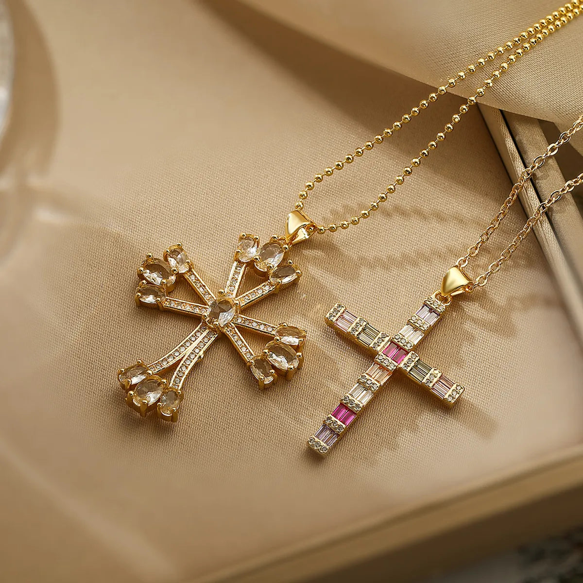 Women’s silver chain necklace-Retro Simple Style Cross Copper Plating Inlay Zircon 18k Gold Plated Pendant Necklace