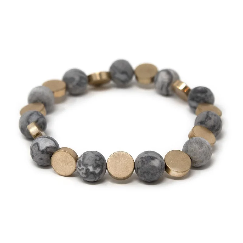 Women’s boho bracelet-Stretch Bracelet Semi Precious Bead Gold Disc Grey