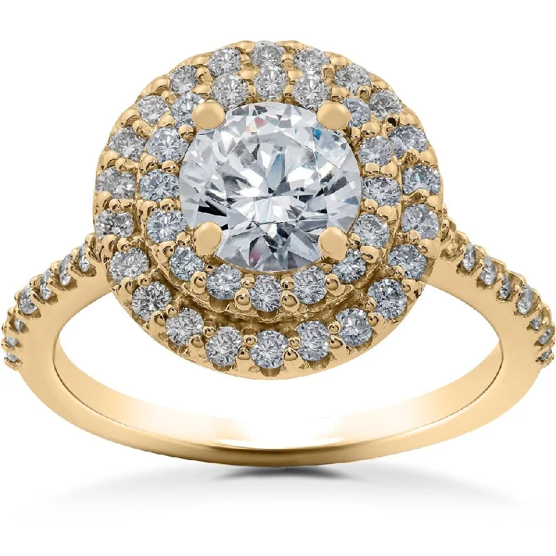 Women’s designer engagement ring-1 ct Double Halo Diamond Lab Created Engagement Ring 14k Yellow Gold