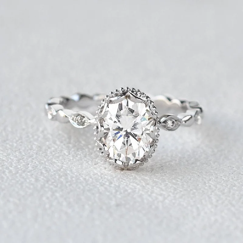 Women’s two-stone rings-Oval Cut Moissanite Halo Milgrain Ring