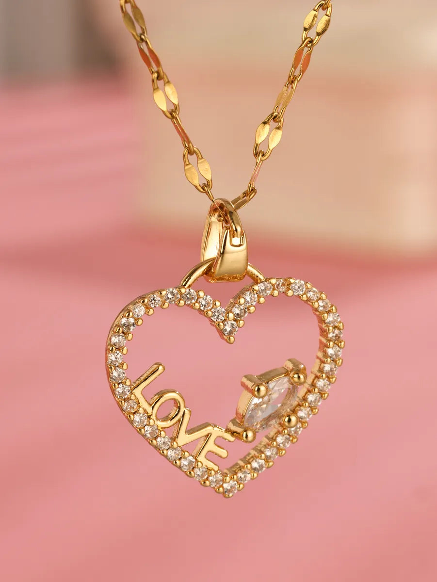 Women’s crystal pendant necklace-Elegant Heart Shape Stainless Steel Plating Inlay Zircon 18k Gold Plated Pendant Necklace