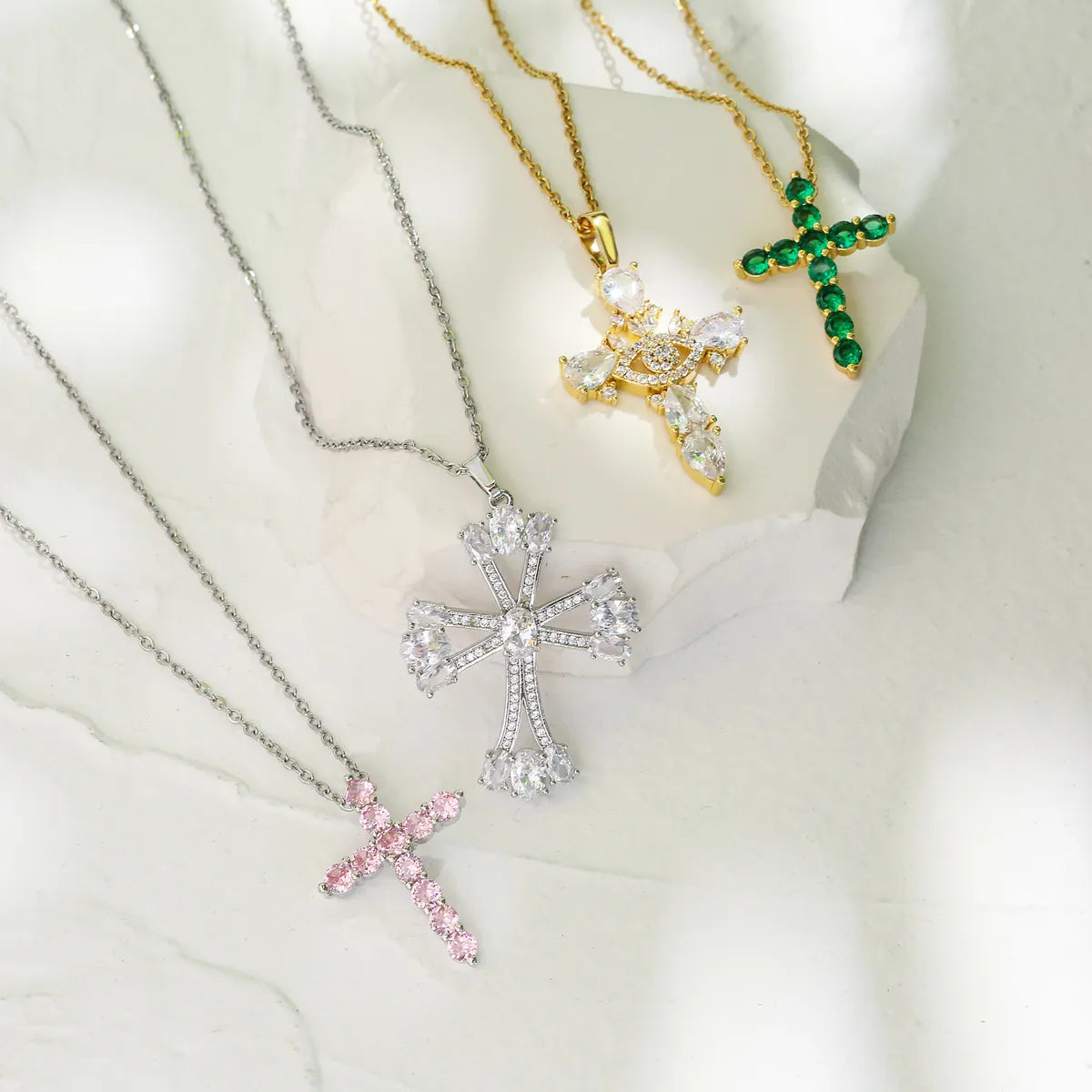 Women’s choker necklace-Micro Inlaid Zircon Cross Pendant Copper Necklace Religious Ornament