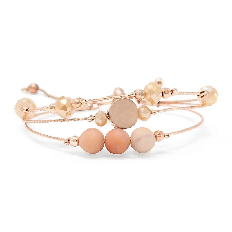 Women’s bracelet set-Rose Gold Adjustable Three Row Bead Bracelet Peach