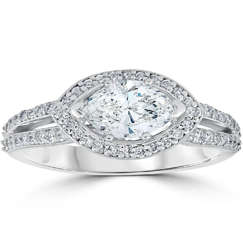 Women’s luxury platinum engagement ring-14K White Gold 1 3/8 ct TDW Sideways Marquise Enhanced Diamond Halo Engagement Ring