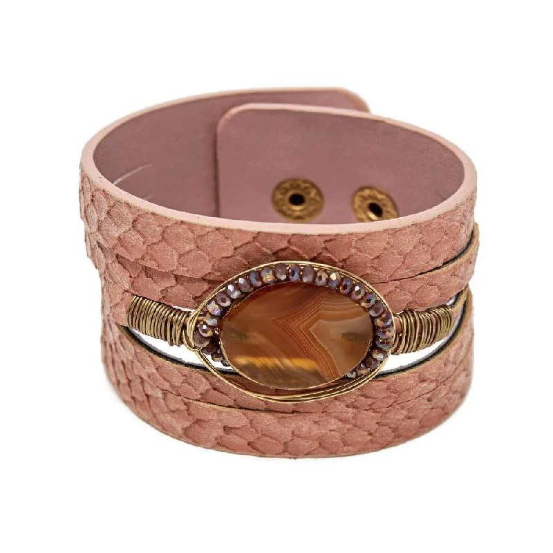 Women’s chain-link bracelet-Leather Bracelet With Stone Station Pink Powder