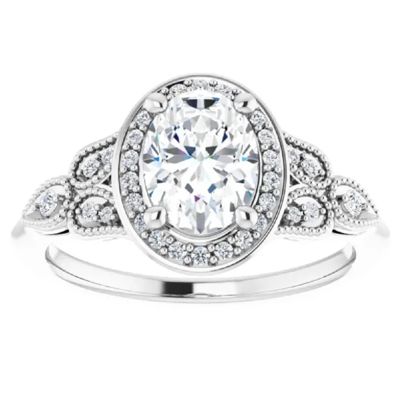 Women’s sapphire diamond engagement ring-1 1/3 Ct Oval Lab Grown Diamond Vintage Halo Engagement Ring 14k White Gold