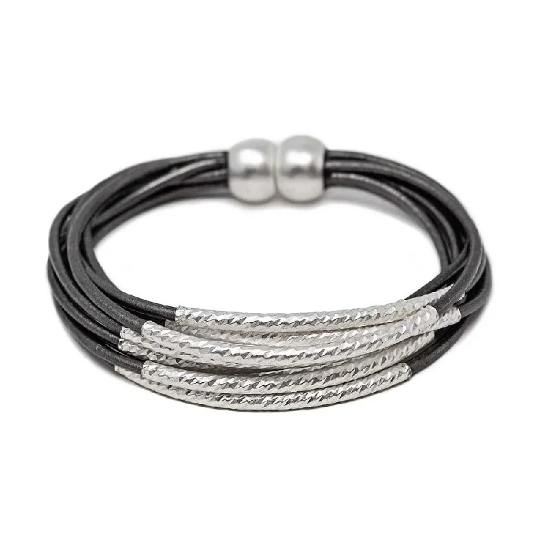 Women’s stylish wrist bracelet-Leather String Bracelet Grey Matte Silver Tubes