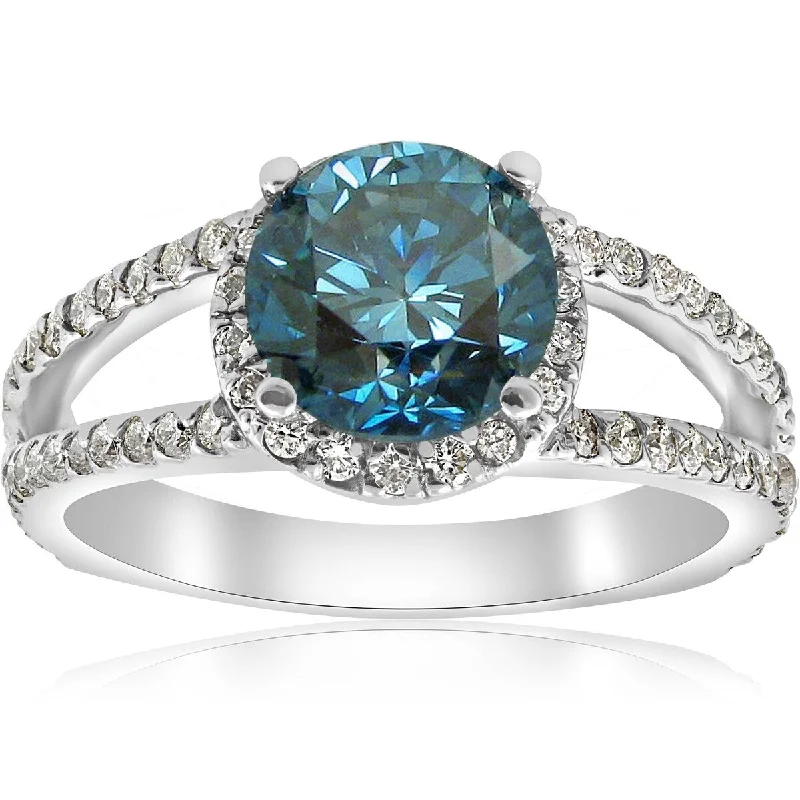 Women’s ethically sourced engagement ring-3 1/2ct Blue Diamond Halo Engagement Ring Split Shank 14k White Gold