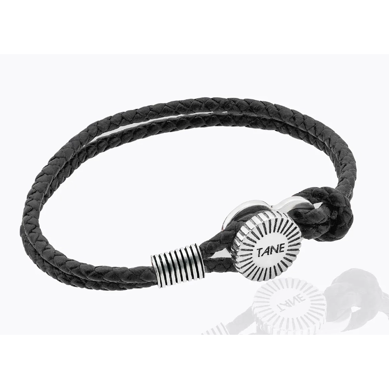 Women’s energy stone bracelet-Tane Sun Sterling Silver and Black Leather Bracelet in Large