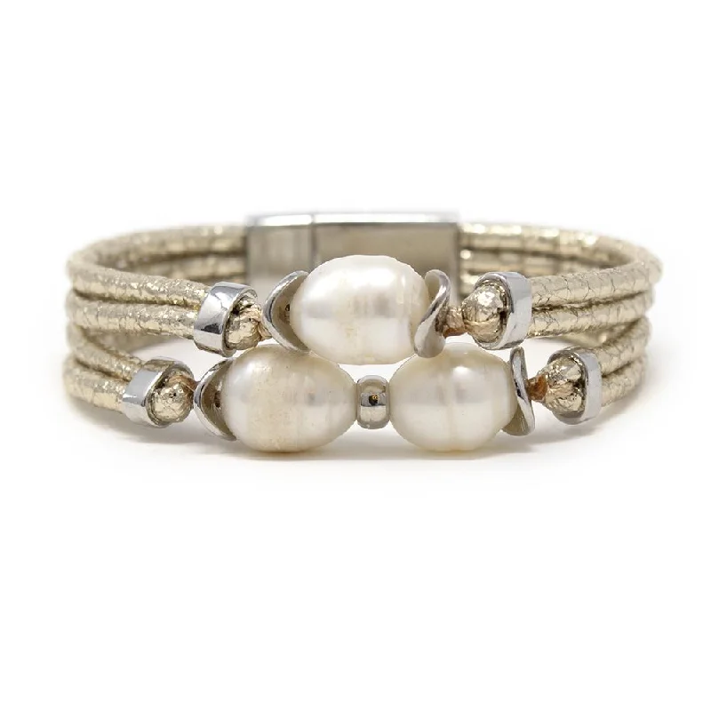 Women’s crystal bracelet-Gold Leather Bracelet With Pearls Station