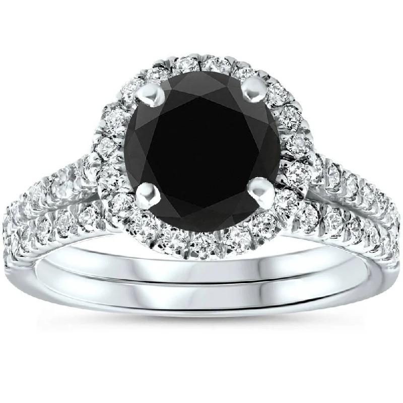 Women’s wedding proposal engagement ring-2 1/2 Ct Treated Black Diamond Halo Engagement Wedding Ring Set 14K White Gold