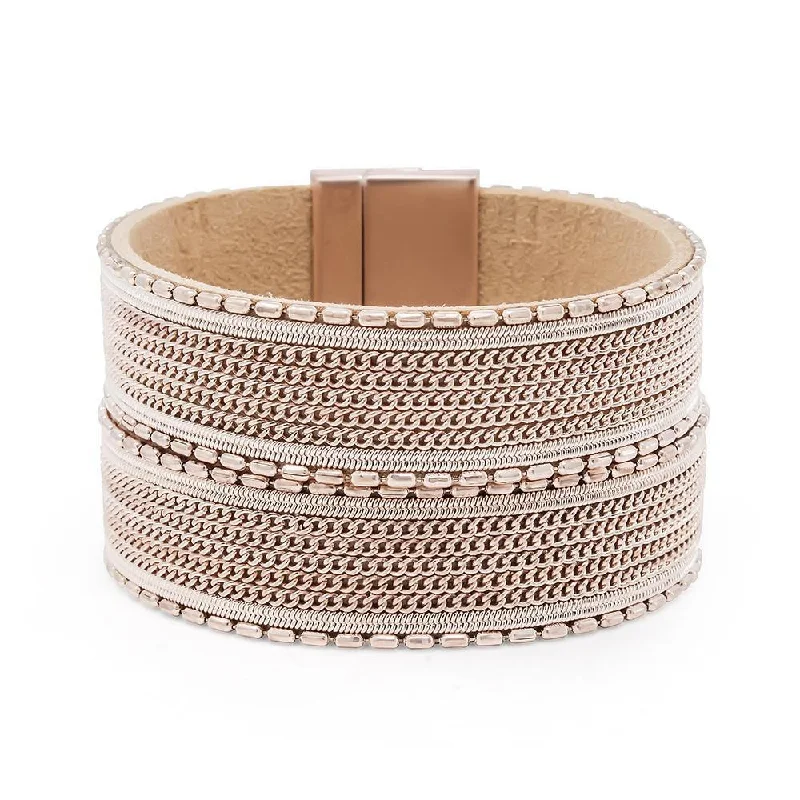 Women’s bold statement bracelet-Wide Leather Bracelet with Bar Chain Rose Gold Tone