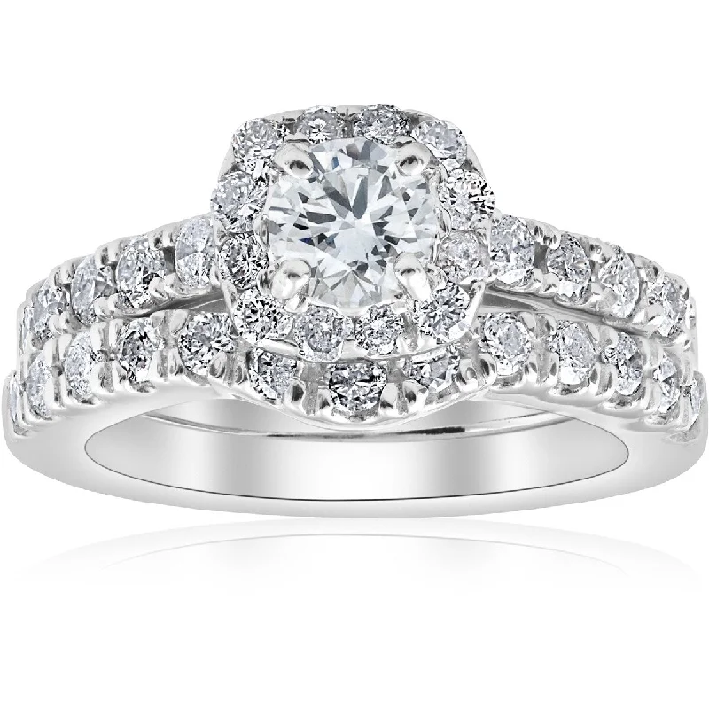 Women’s affordable diamond solitaire engagement ring-1 1/10Ct TDW Cushion Halo Engagement Wedding Ring Set 14k White Gold Lab Grown