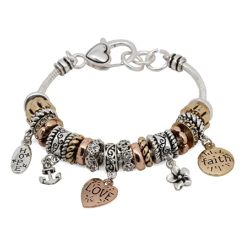 Women’s chain bracelet-Charm Bracelet Inspirational Faith Hope Love Three Tone