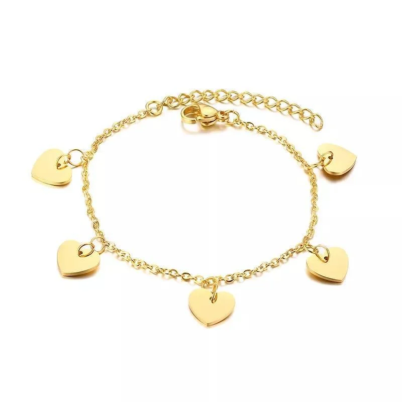 Women’s personalized charm bangle-Stainless Steel Bracelet with Five Heart Charms Gold Plated