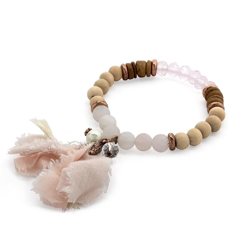 Women’s braided bracelet-Wood Stone Stretch Bracelet Fabric Tassel Pink