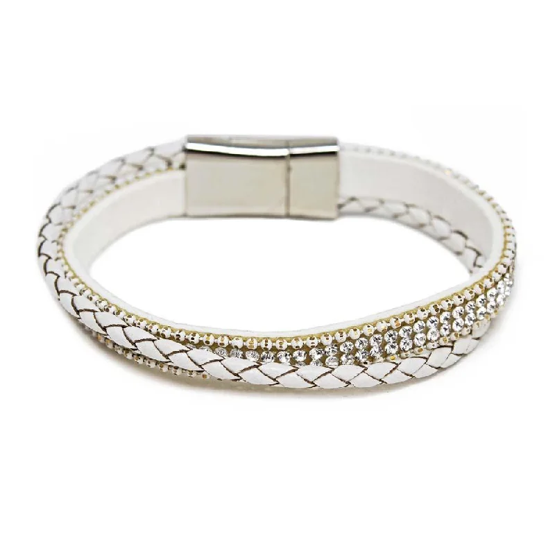 Women’s elegant bangle-Two Row White Leather Bracelet with Crystal