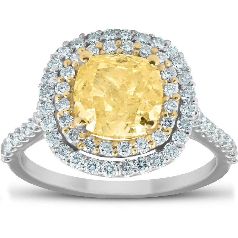 Women’s vintage halo engagement ring-Pompeii3 14k White & Yellow Gold 2.80 Ct TDW Fancy Intense Yellow GIA Certified Cushion Halo Diamond Engagement Ring