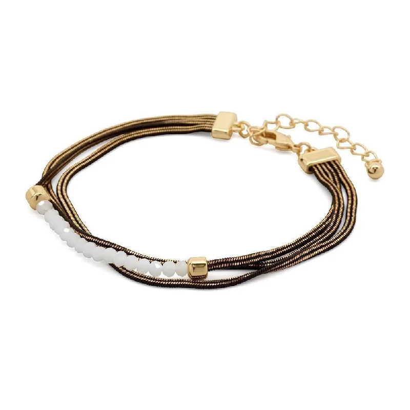 Women’s sterling silver bracelet-Liquid Metal Bracelet with White Glass Beads Gold/Black