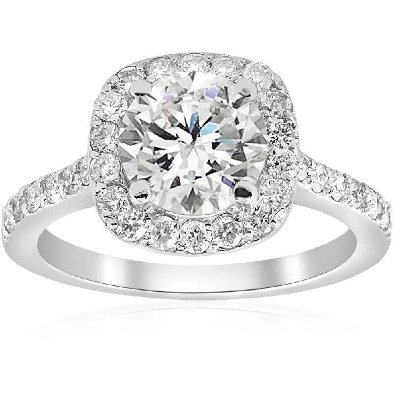 Women’s eternity engagement ring-2 ct Cushion Halo Vintage Accent Diamond Engagement Ring 14K White Gold