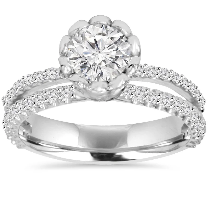 Women’s diamond halo engagement ring-14k White Gold 1 1/2 ct TDW Diamond Unique Round Engagement Wedding Ring