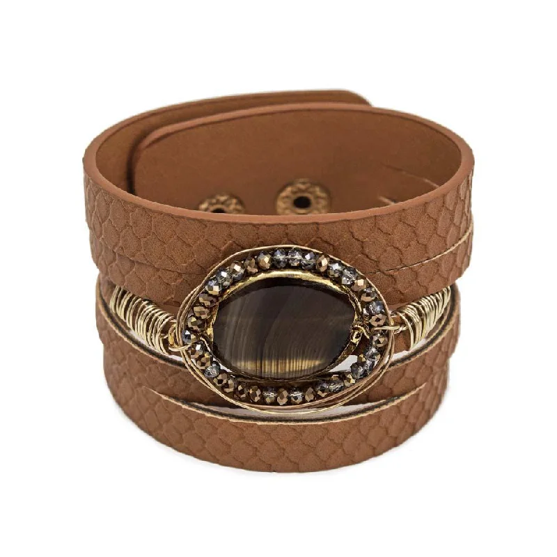 Women’s luxury gold bracelet-Leather Bracelet With Stone Station Brown