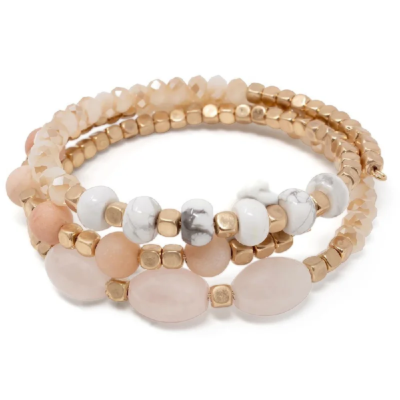 Women’s teardrop bracelet-Peach Glass Bead Wrap Bracelet Oval Stone Gold Tone