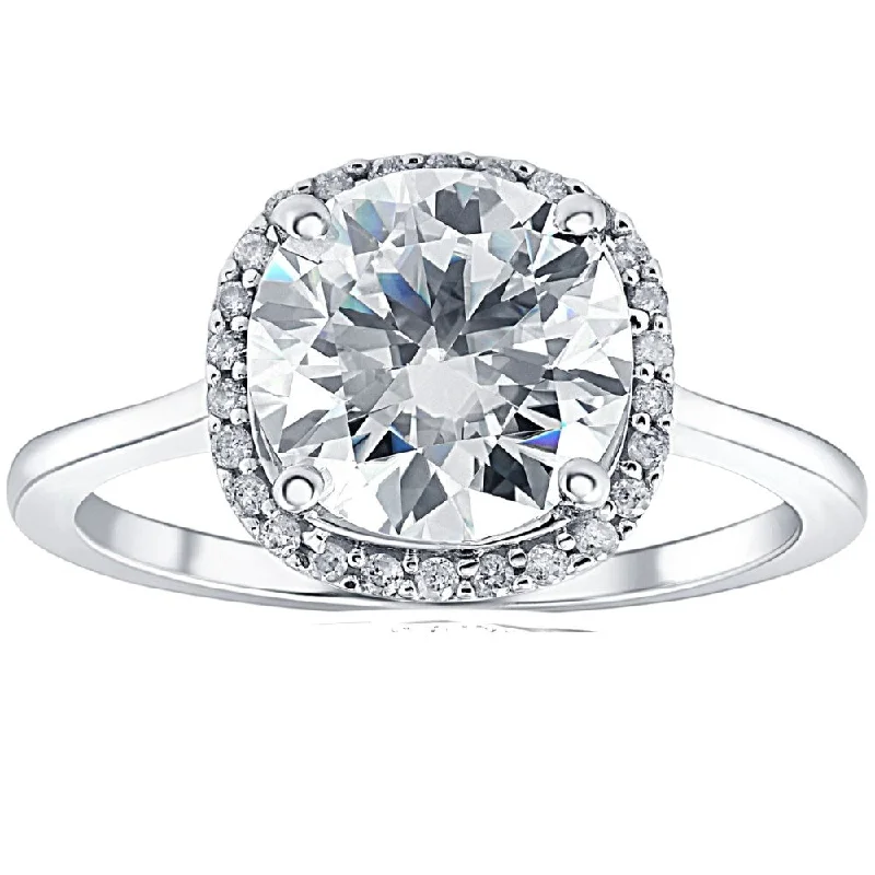 Women’s unique engagement ring-VS 2 1/2 Ct Diamond & Moissanite Cushion Halo Engagement Ring 14k White Gold