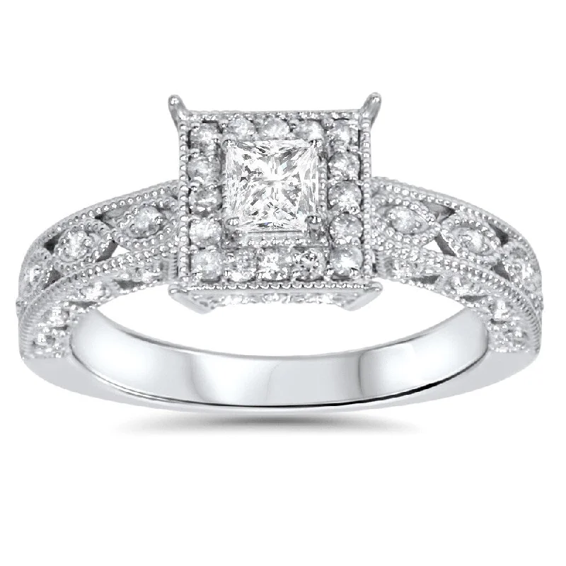 Women’s minimalistic engagement ring-14k White Gold 5/8ct TDW Halo Vintage Princess-cut Diamond Engagement Ring