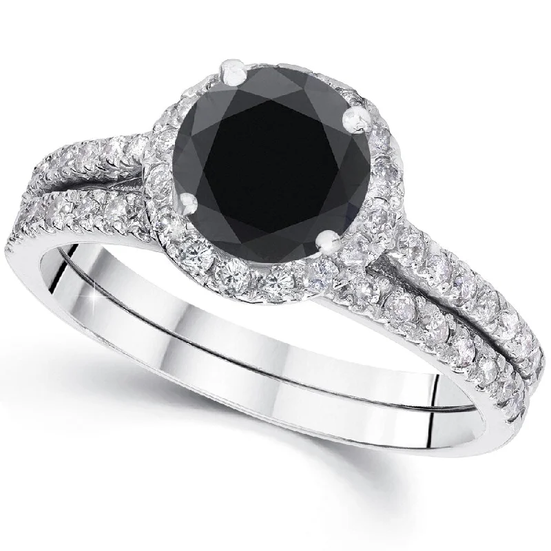 Women’s colored diamond engagement ring-14k White Gold 2 1/2ct TDW Black Diamond Halo Engagement Wedding Ring Set