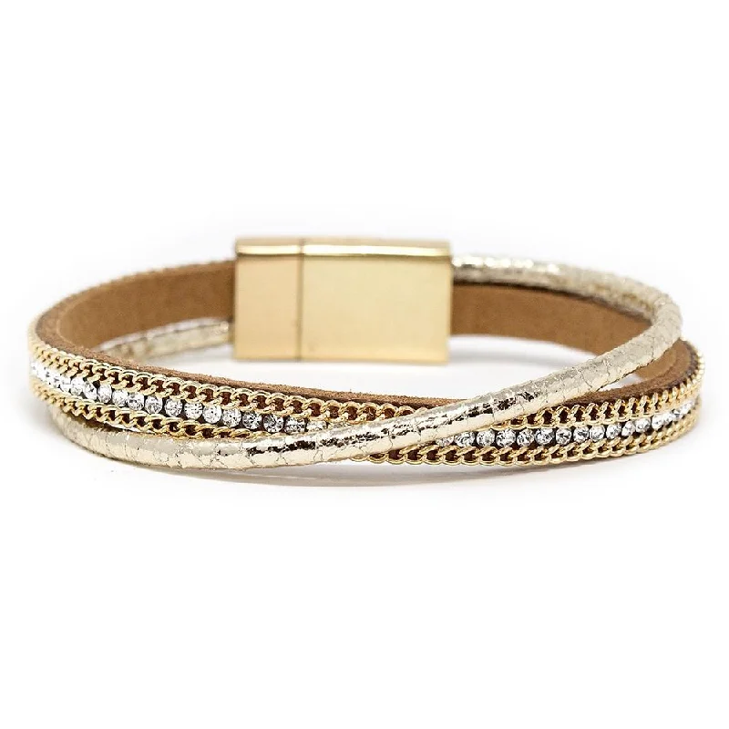 Women’s crystal bangle bracelet-Two Row Leather Bracelet with Chain and Crystal Gold Tone