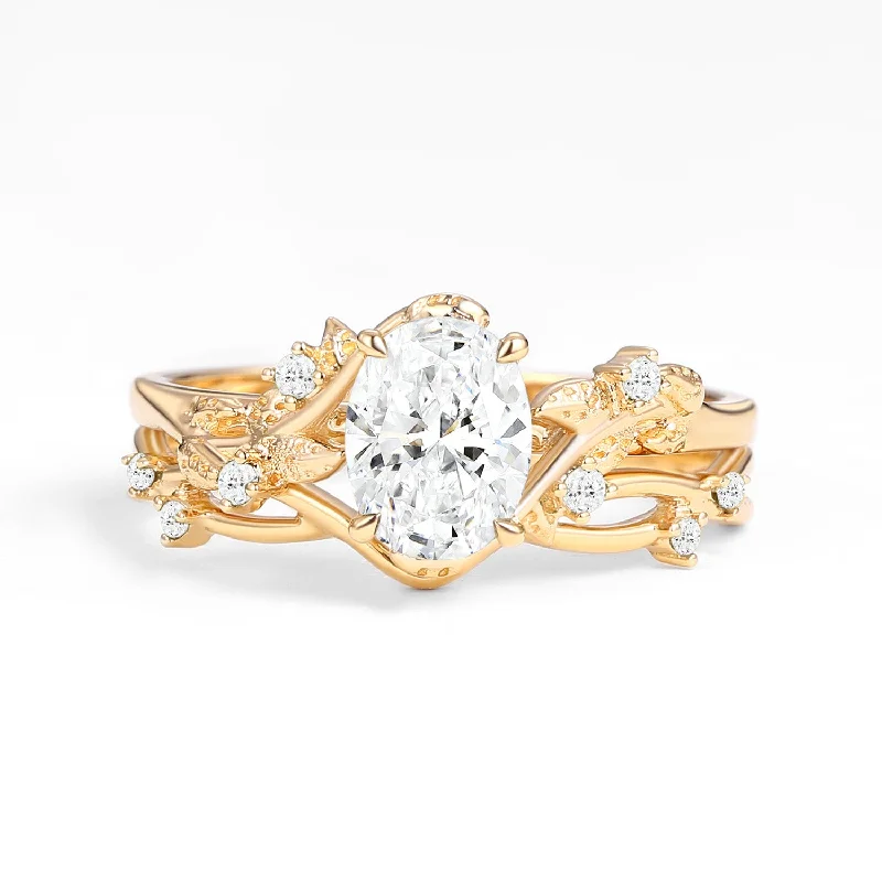 Women’s diamond cluster rings-Nature Inspired - Oval Cut Lab Grown Diamond Leafy Gold Ring Set 2pcs - Mossy