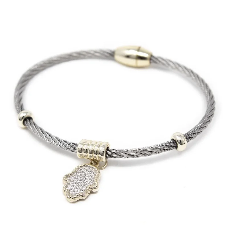 Women’s moonstone bracelet-Two Tone Wire Bracelet Cubic Zirconia Pave Hamsa Hand