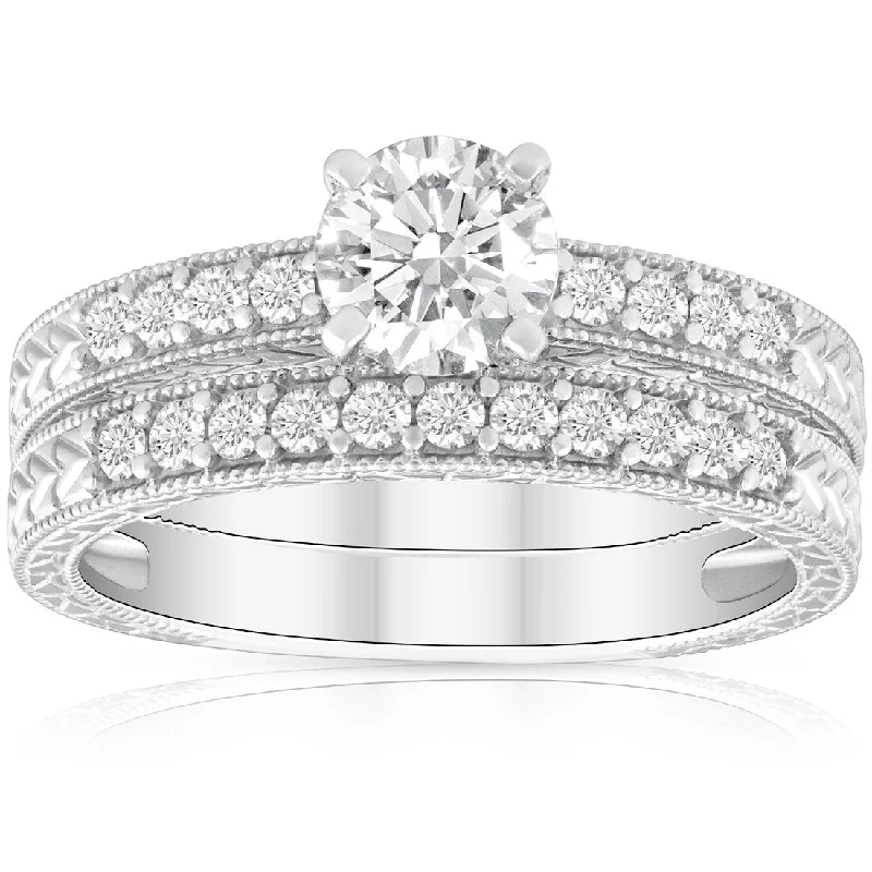 Women’s vintage engagement ring-1 1/2ct Diamond Engagement Ring & Matching Vintage Wedding Band Set White Gold