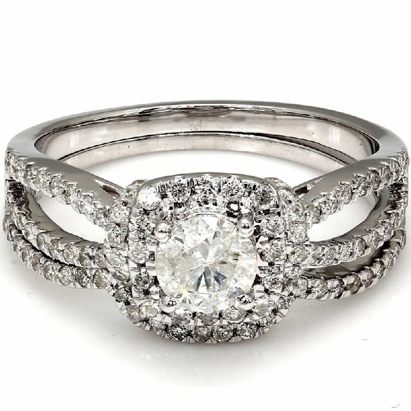 Women’s vintage diamond ring engagement-Pompeii3 10k White Gold 1 Ct. TDW Diamond Cushion Halo Vintage Engagement Wedding Ring Set