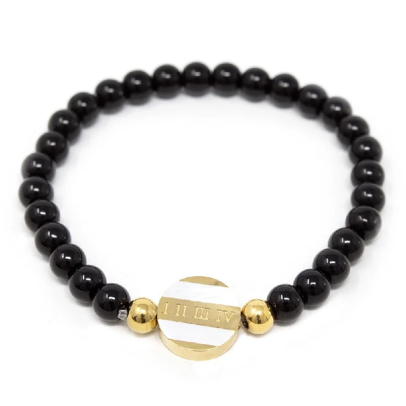 Women’s crystal bracelet-Stainless Steel Black Beaded Bracelet Rom Disc MOP Gold Plated