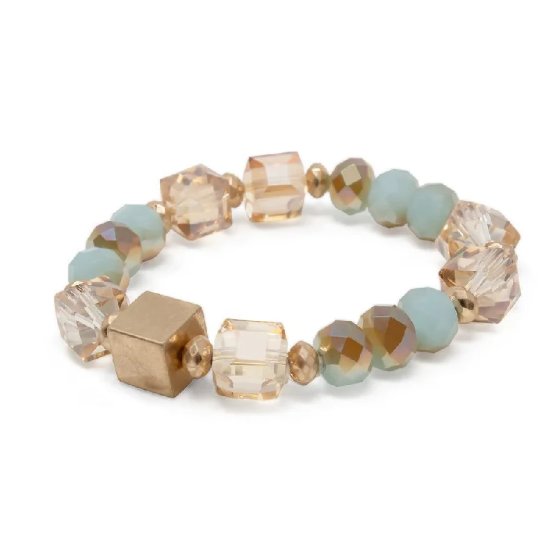 Women’s stylish wrist bracelet-Green Glass Beaded Stretch Bracelet with Gold Tone Cube