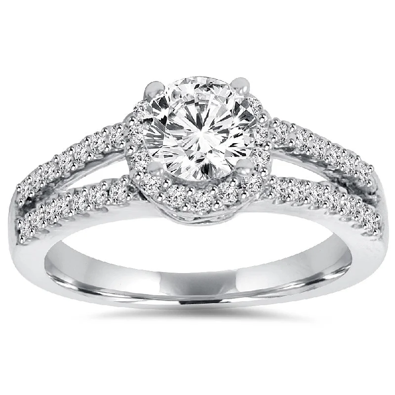 Women’s affordable solitaire diamond engagement ring-14k White Gold 1 ct TDW Lab-Grown Diamond Halo Engagement Ring