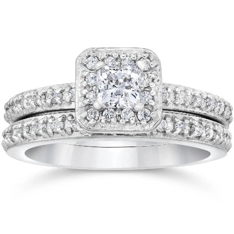 Women’s gold band engagement ring-1 1/4ct Princess Cut Vintage Pave Halo Diamond Engagement Ring 14K White Gold