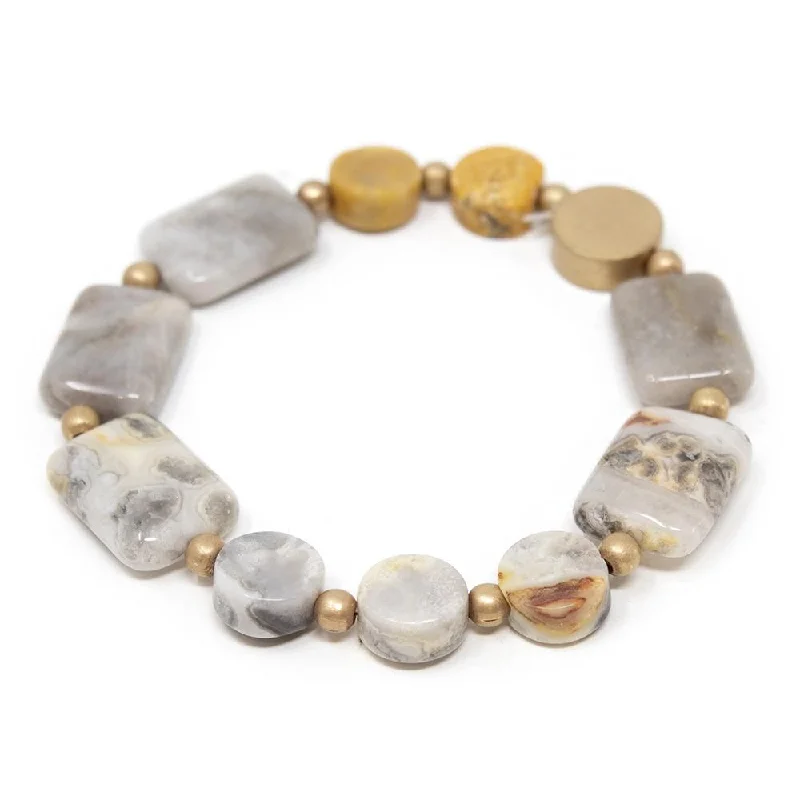 Women’s thin gold bracelet-Semi Precious Stone Stretch Bracelet with Gold Disc Natural