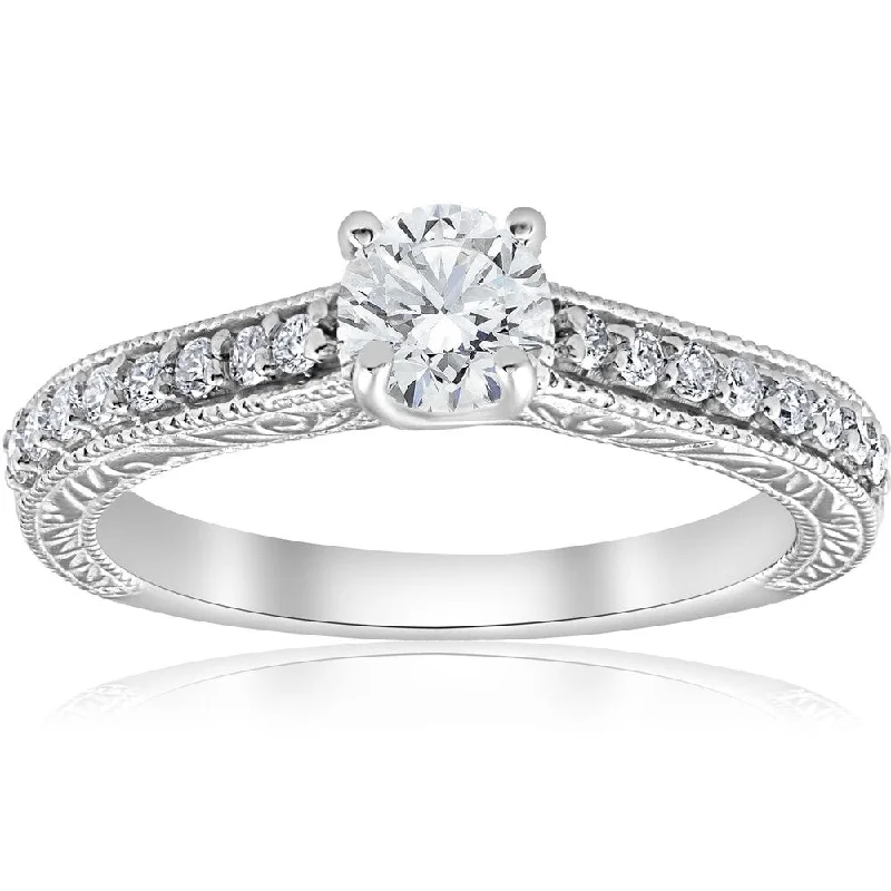 Women’s eco-friendly engagement ring-Pompeii3 14k White Gold 3/4ct TDW Diamond Vintage Antique Engagement Round Cut Ring