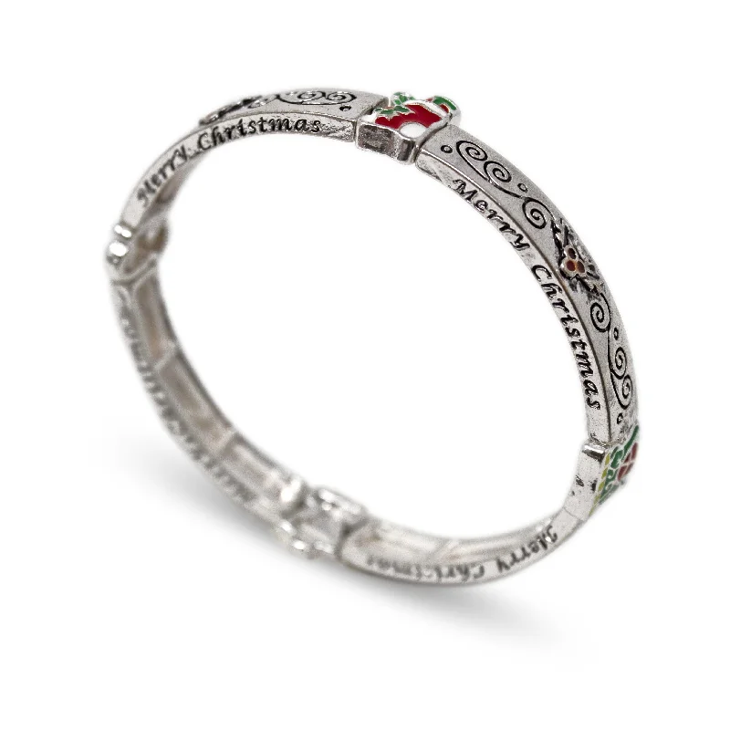 Women’s tennis bracelet-Stretch Bracelet Christmas Theme Silver Tone