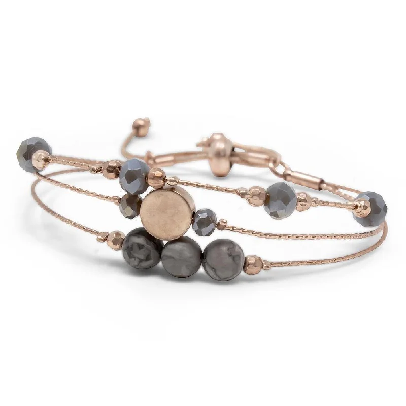 Women’s unique handmade bracelet-Rose Gold Adjustable Three Row Bead Bracelet Grey