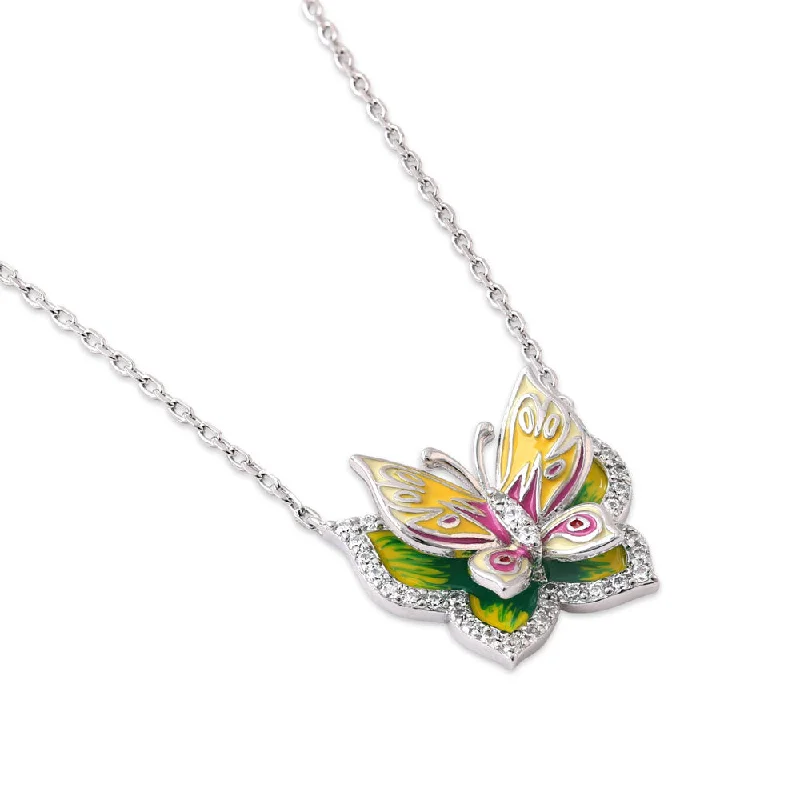 Women’s elegant drop necklace-Sterling Silver Clear CZ Enamel Butterfly Necklace