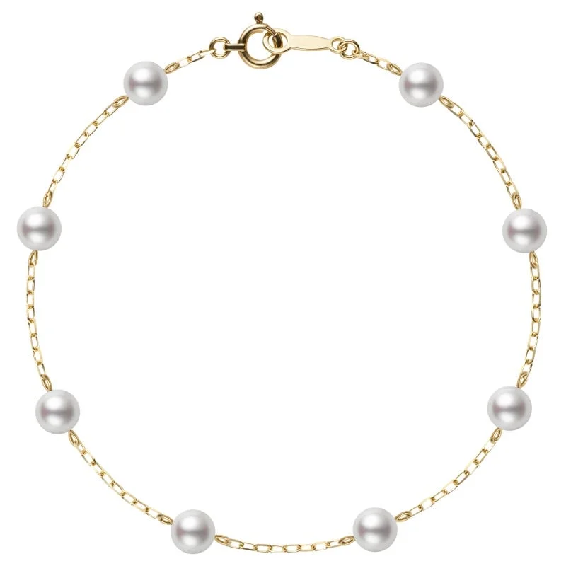 Women’s blue sapphire bracelet-Akoya Cultured Pearl Station Bracelet in 18K Yellow Gold