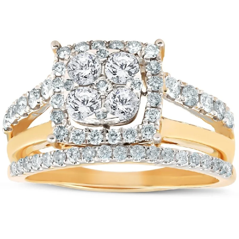 Women’s radiant cut engagement ring-Pompeii3 10k Yellow Gold 1 1/10 Ct TDW Cushion Halo Diamond Engagement Ring & Matching Wedding Band Set